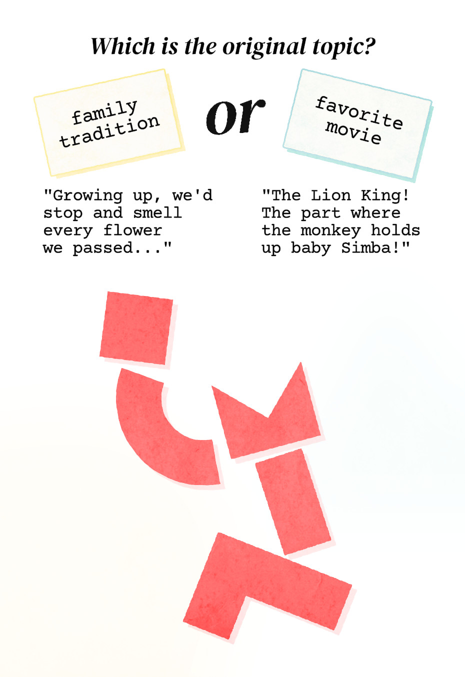 Example round: red paper shapes that could be someone smelling a flower or a lion cub being held up by a monkey